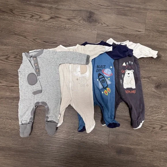 Newborn Burt's Bees Babyx1, Gerberx3 Footies Set w Elbow Patches & Graphics - Picture 1 of 11